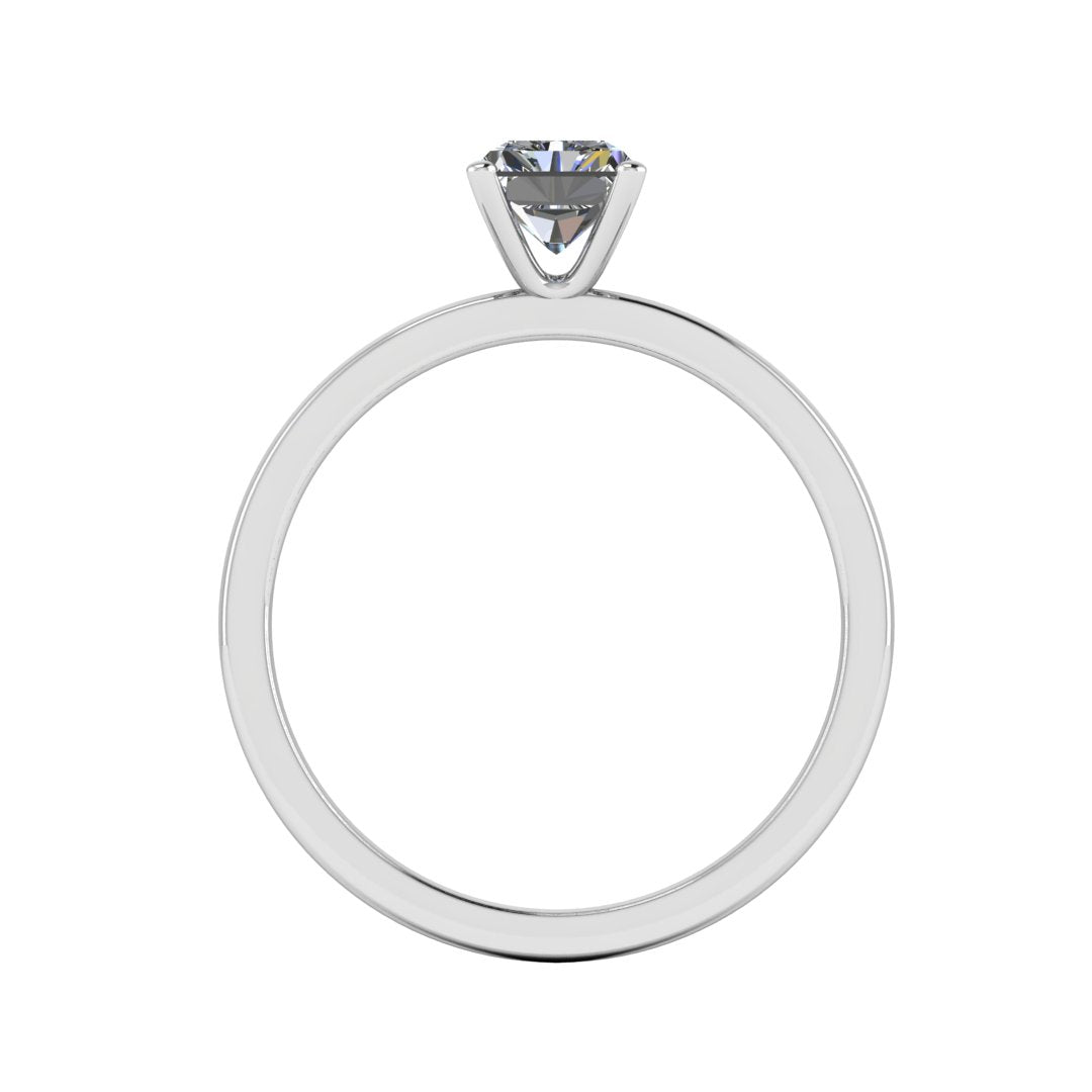 flat view of platinum or white gold engagement ring with an emerald cut lab grown diamond as the centre stone in a floating setting