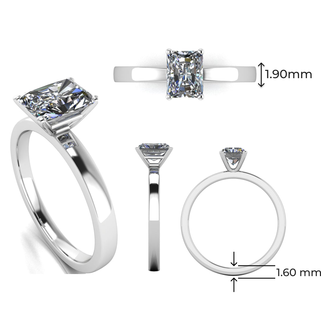 multi view of platinum or white gold engagement ring with an emerald cut lab grown diamond as the centre stone in a floating setting