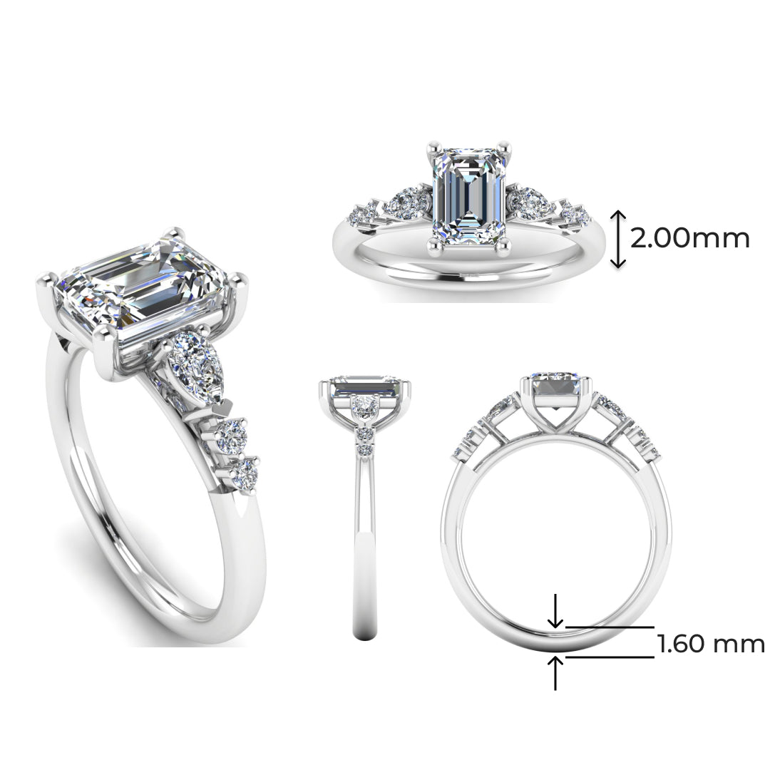 multi angled view of a platinum and white gold engagement ring. There is an emerald cut centre lab grown diamond with an arrangement of pear shaped and round diamonds on each side
