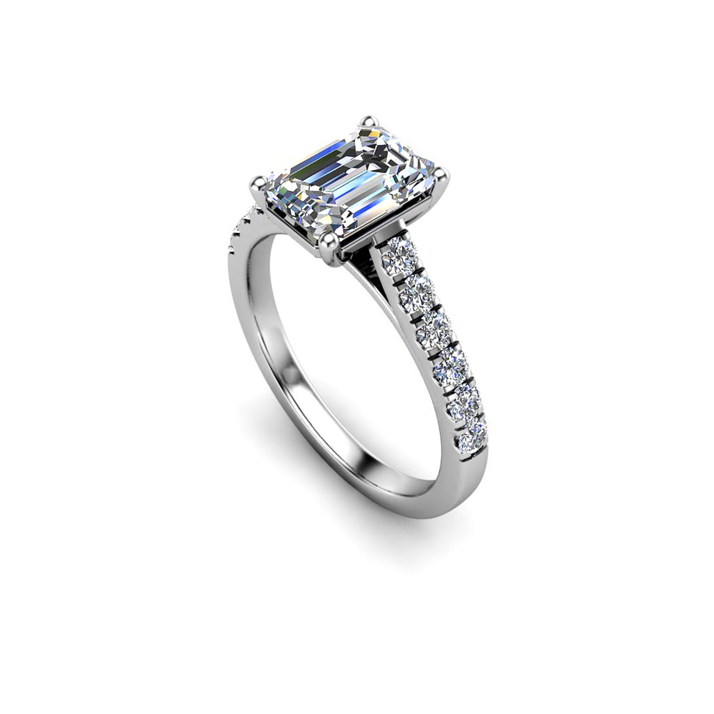 angled view of a platinum or white gold engagement ring with an emerald cut lab-grown diamond as the centre stone with pavé-set diamond shoulders