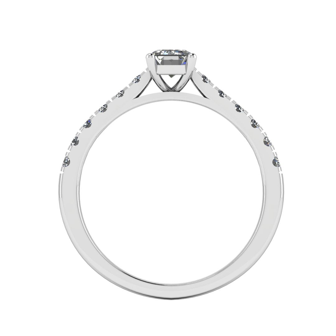 flat view of a platinum or white gold engagement ring with an emerald cut lab-grown diamond as the centre stone with pavé-set diamond shoulders