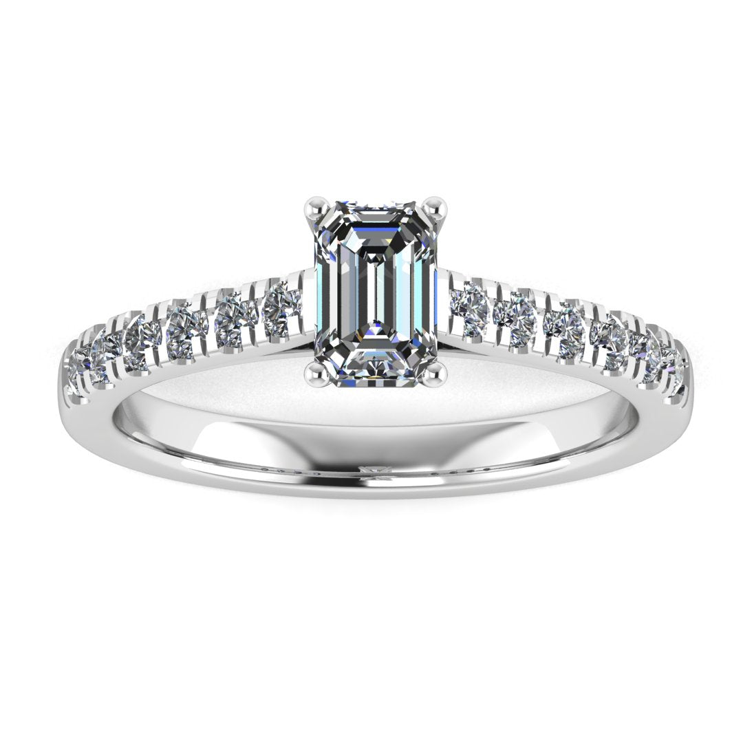 front view of a platinum or white gold engagement ring with an emerald cut lab-grown diamond as the centre stone with pavé-set diamond shoulders