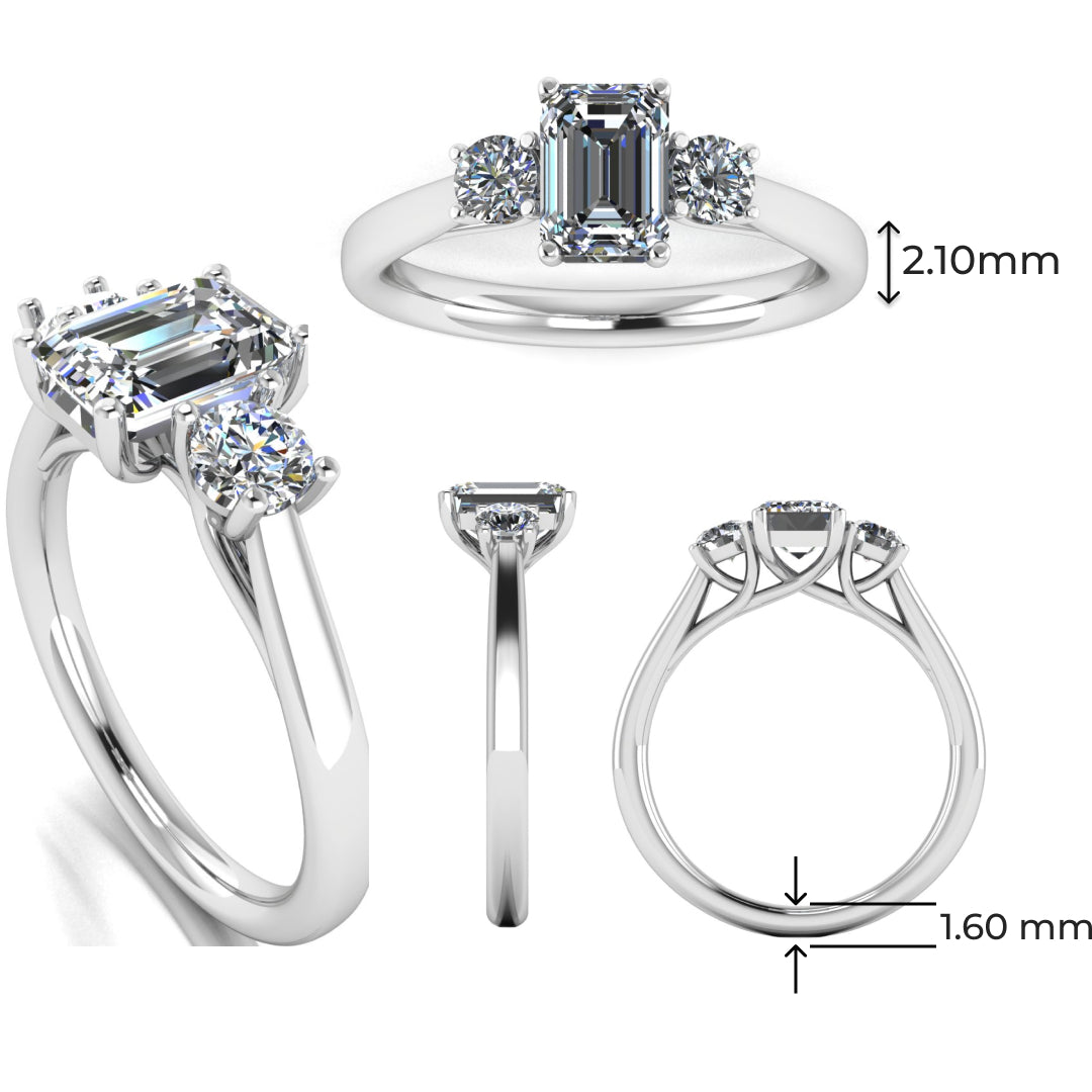 multi view of a trilogy platinum or white gold engagement ring set with an emerald centre lab grown diamond with two round brilliant diamonds on either side of the centre stone