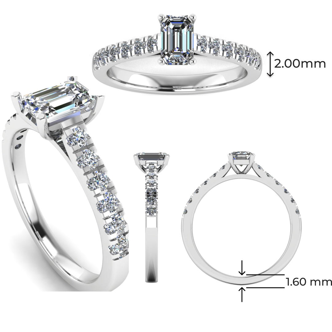 multi view of a platinum or white gold engagement ring with an emerald cut lab-grown diamond as the centre stone with pavé-set diamond shoulders