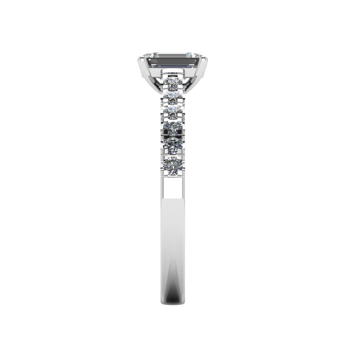 side view of a platinum or white gold engagement ring with an emerald cut lab-grown diamond as the centre stone with pavé-set diamond shoulders
