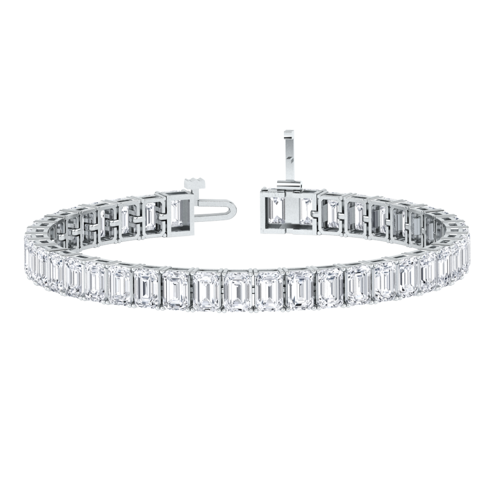 platinum or white gold tennis line bracelet with emerald cut ethical & sustainable lab grown diamonds set vertically using prongs