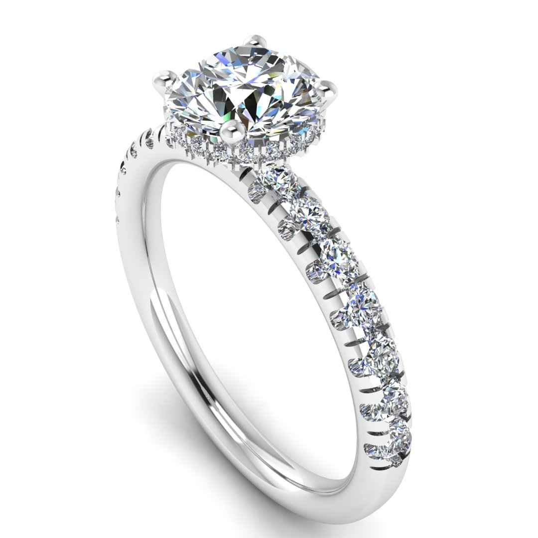 Angled view in platinum and white gold of Emma lab grown engagement ring with round brilliant, side shoulders and under halo