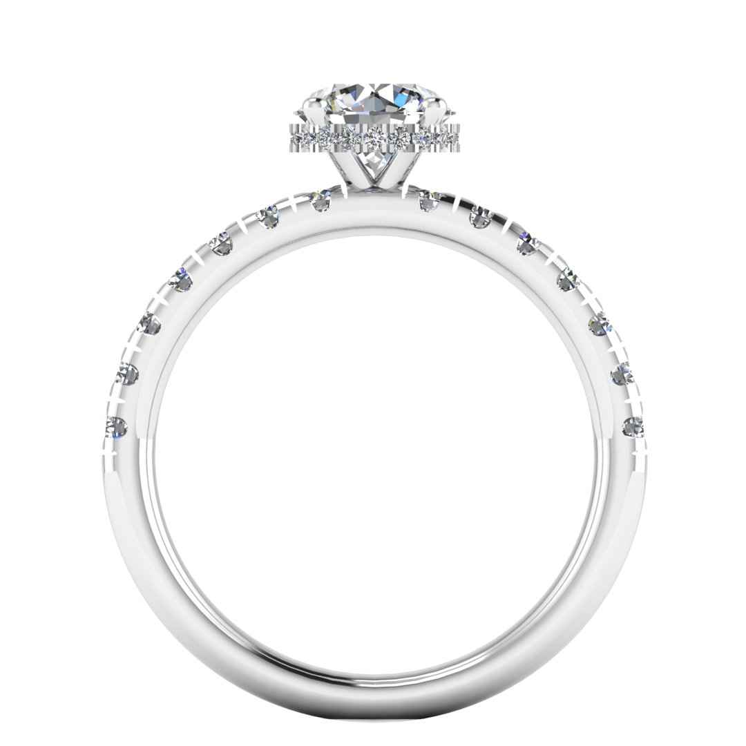 Flat view in platinum and white gold of Emma lab grown engagement ring with round brilliant, side shoulders and under halo
