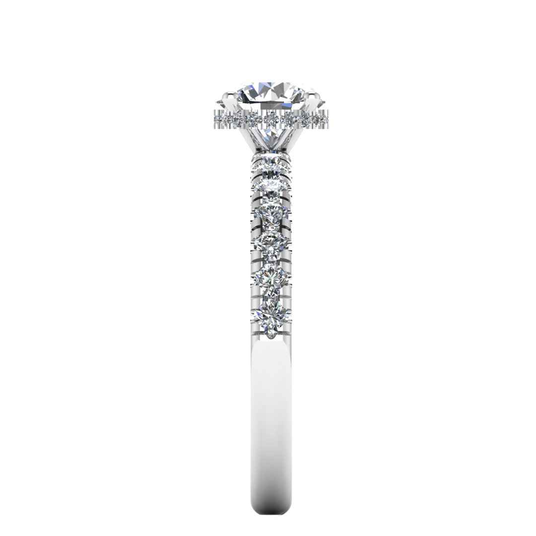 Side view in platinum and white gold of Emma lab grown engagement ring with round brilliant, side shoulders and under halo