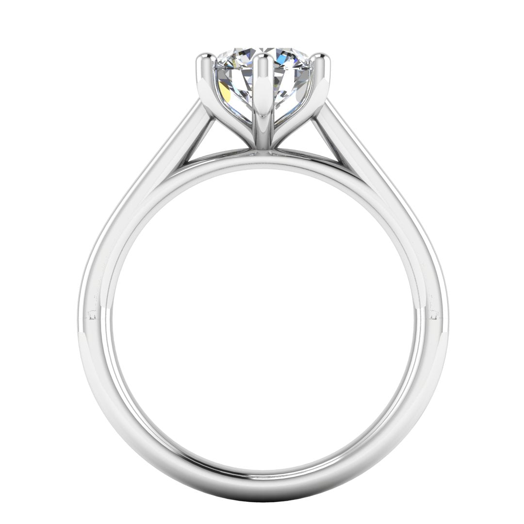 Flat view of Chelsea lab grown round brilliant engagement 6 claw ring in cathedral setting in white gold and platinum