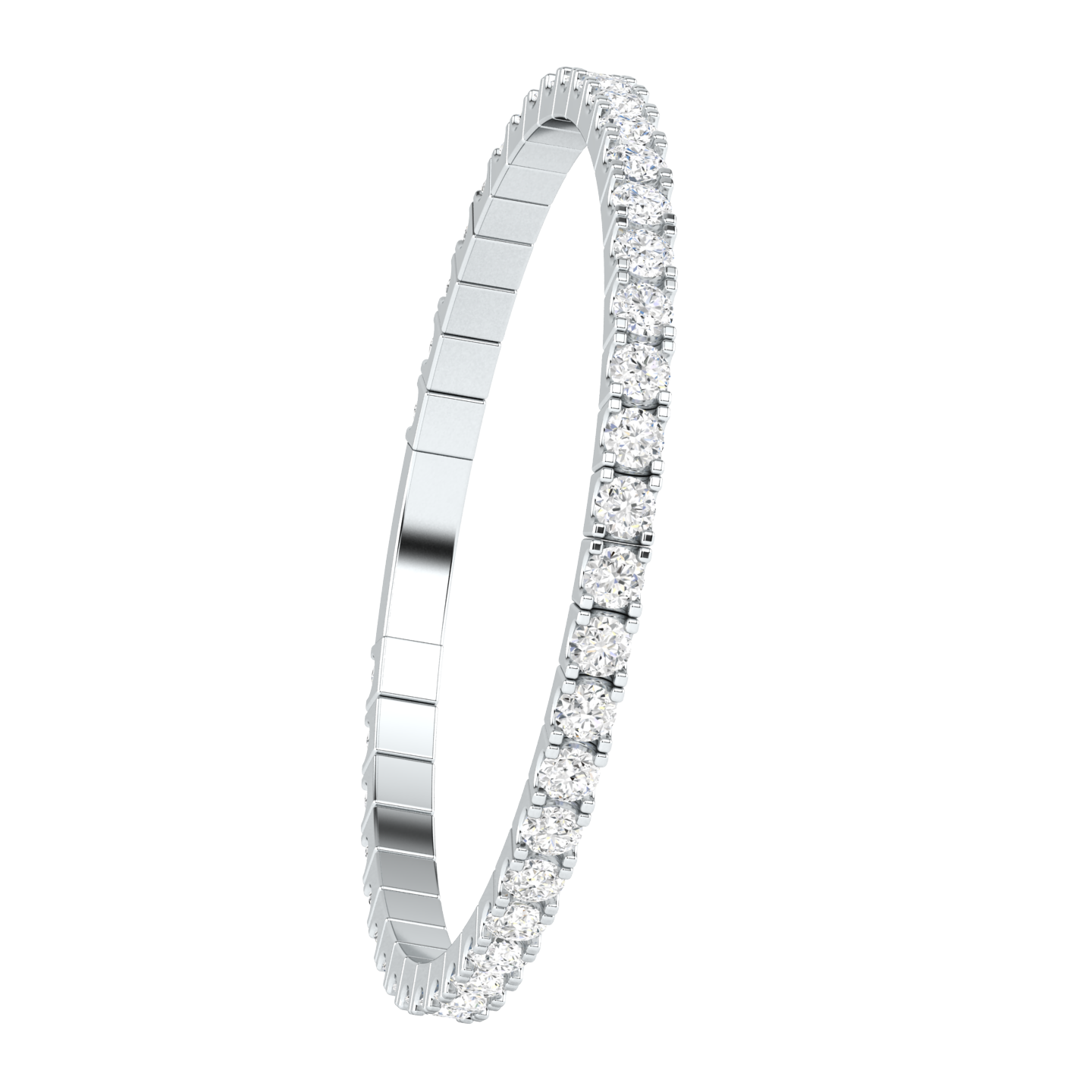 angled view of a platinum or white gold flexible bangle which stretches over your wrist for easy dressing
