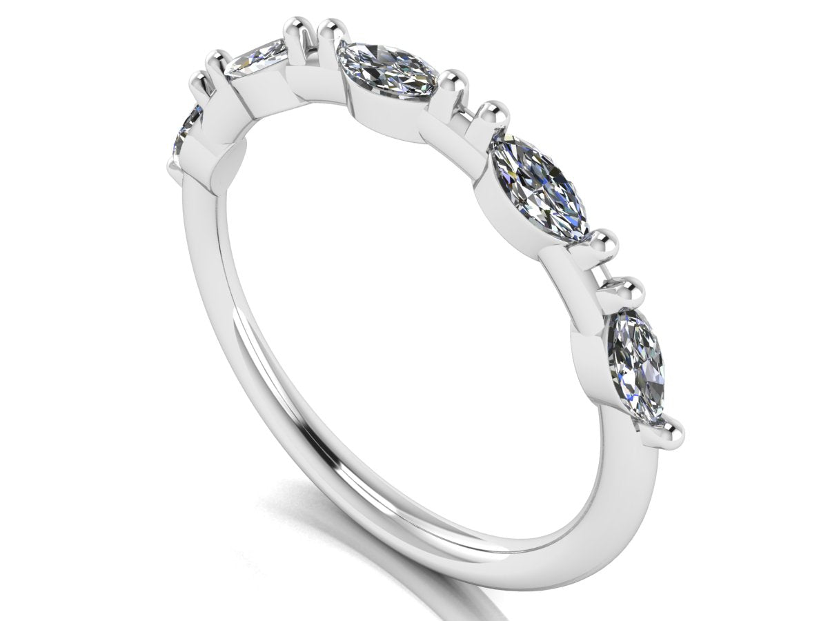 angled view of a platinum or white gold station set wedding band with marquise lab grown diamonds