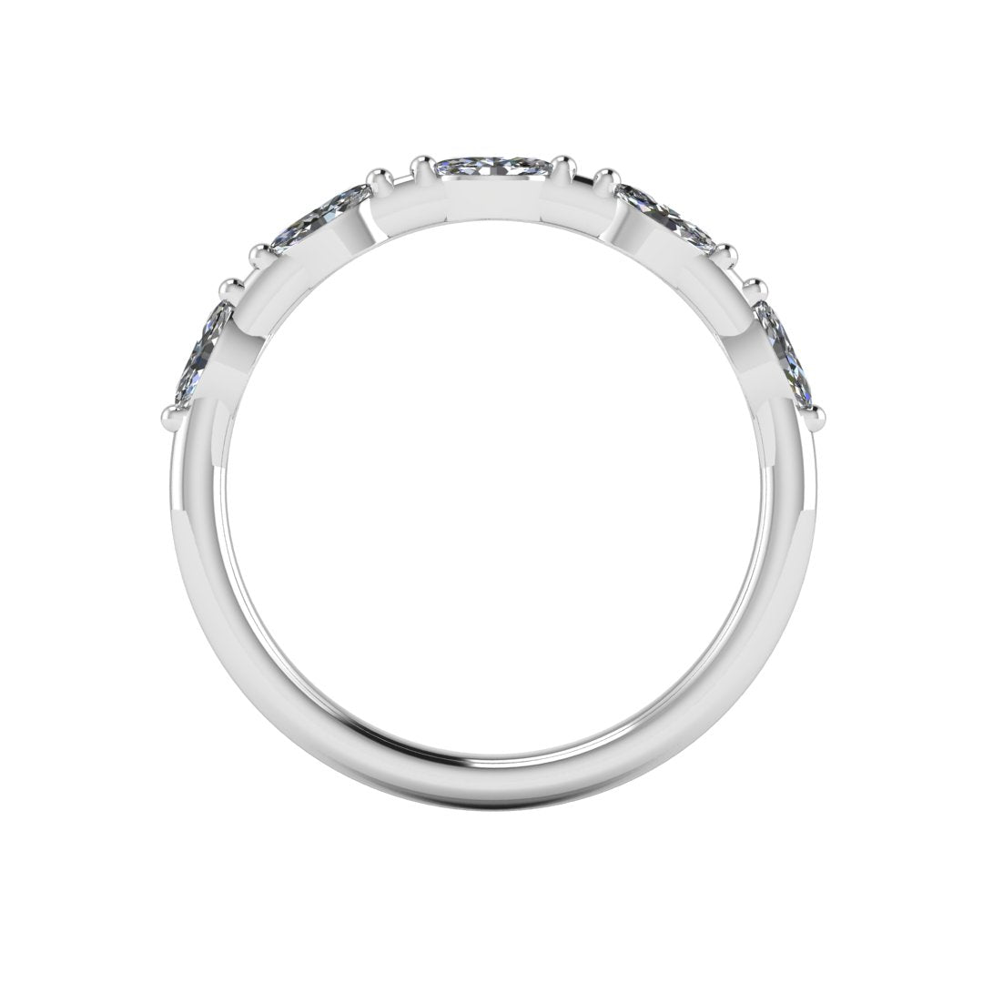 flat view of a platinum or white gold station set wedding band with marquise lab grown diamonds