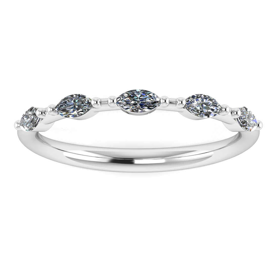 front view of a platinum or white gold station set wedding band with marquise lab grown diamonds