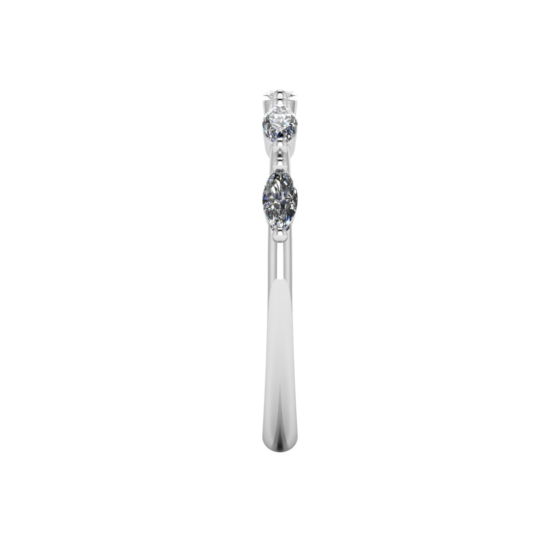 side view of a platinum or white gold station set wedding band with marquise lab grown diamonds