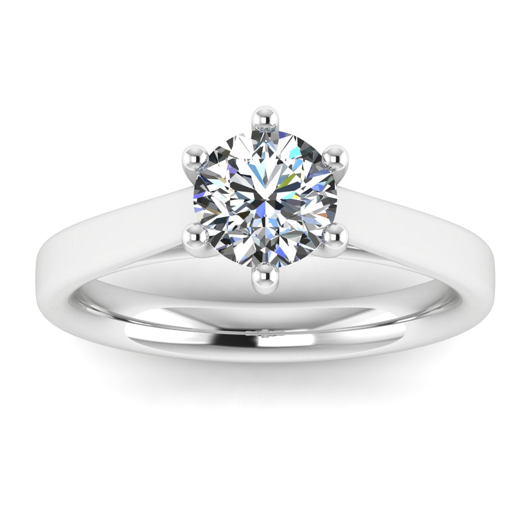 Front view of Chelsea lab grown round brilliant engagement 6 claw ring in cathedral setting in white gold and platinum