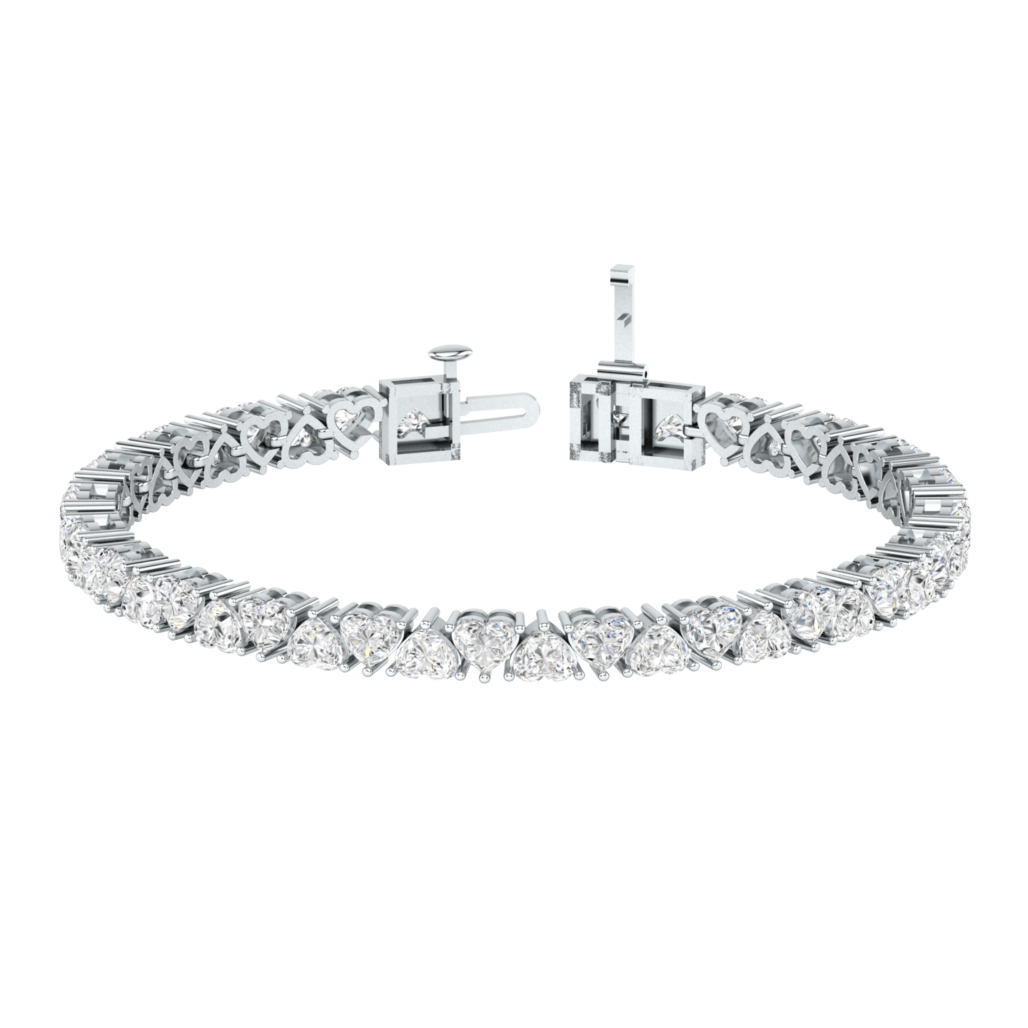 Platinum or white gold tennis line bracelet with alternating heart shaped ethical & sustainable lab grown diamonds set using prongs