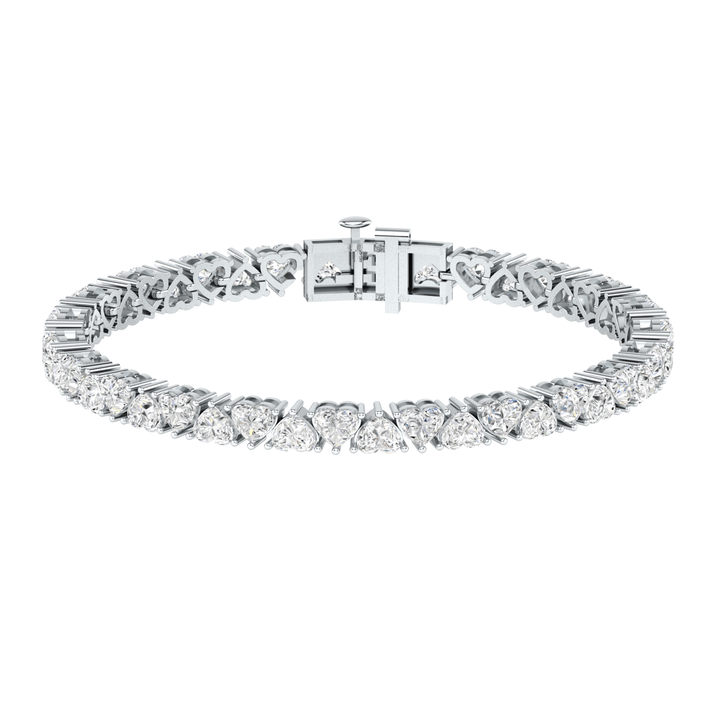 platinum or white gold tennis line bracelet with alternating heart shaped ethical & sustainable lab grown diamonds set using prongs