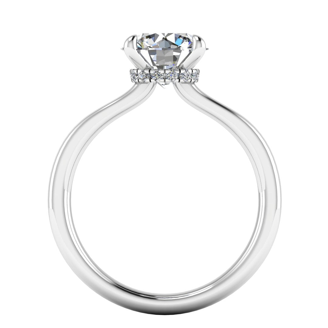 Flat view of Helan round brilliant engagement ring with a secret hidden halo in white gold and platinum