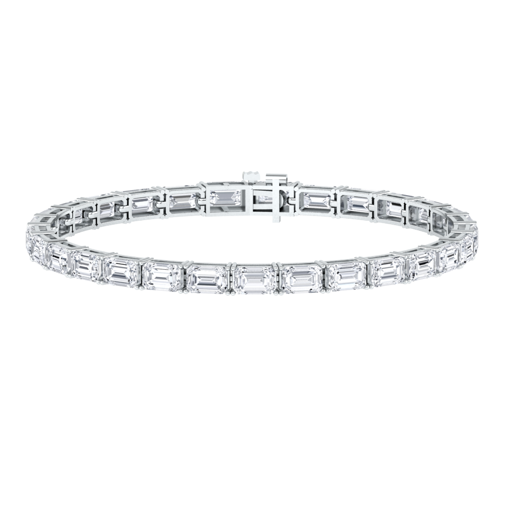 platinum or white gold tennis line bracelet with emerald cut ethical & sustainable lab grown diamonds set vertically using prongs