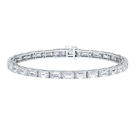platinum or white gold tennis line bracelet with emerald cut ethical & sustainable lab grown diamonds set vertically using prongs