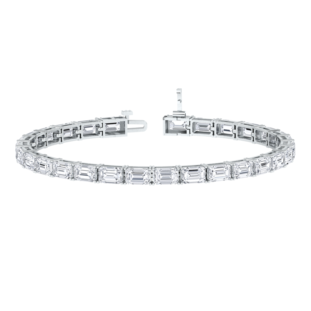 platinum or white gold tennis line bracelet with emerald cut ethical & sustainable lab grown diamonds set vertically using prongs