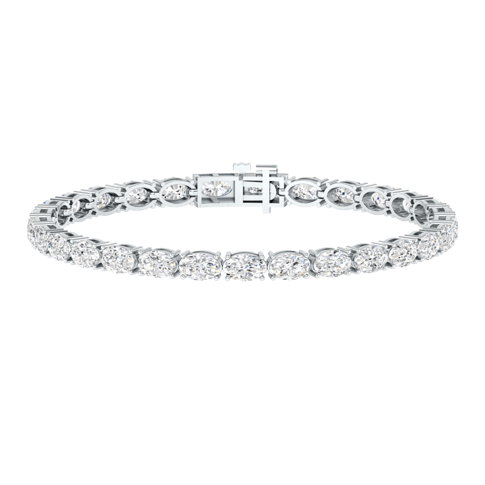 platinum or white gold tennis line bracelet with oval cut ethical & sustainable lab grown diamonds set horizontally using prongs