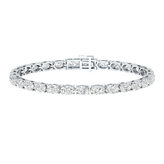 platinum or white gold tennis line bracelet with oval cut ethical & sustainable lab grown diamonds set horizontally using prongs