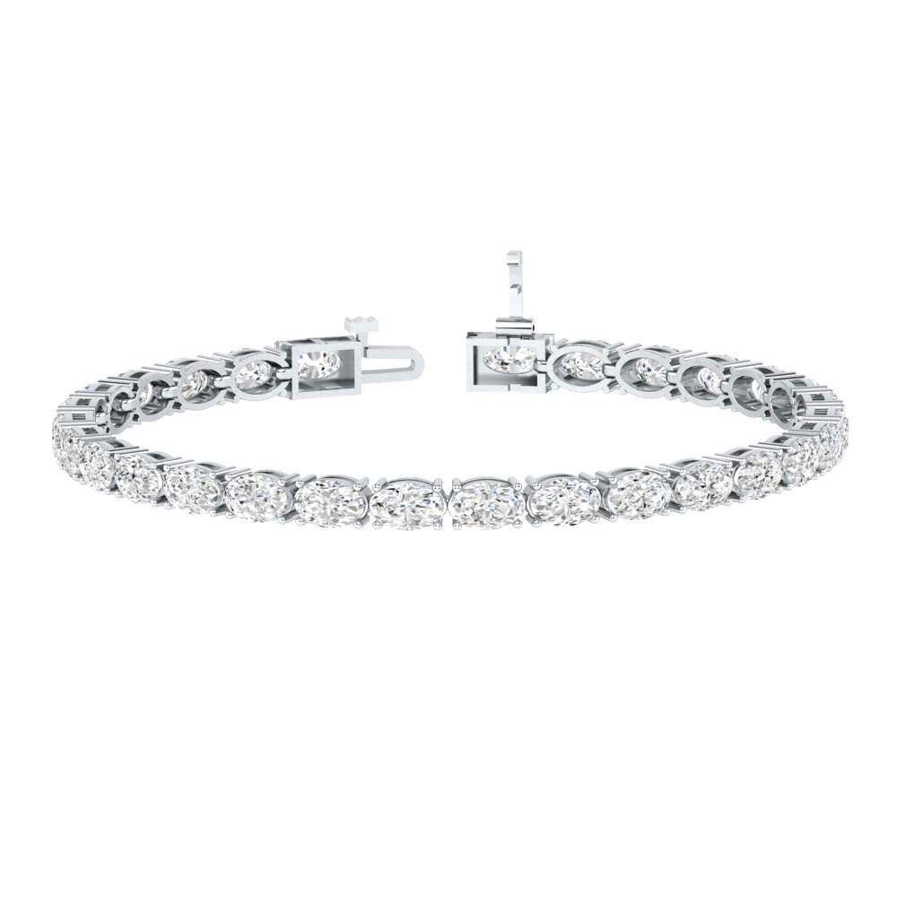 platinum or white gold tennis line bracelet with oval cut ethical & sustainable lab grown diamonds set horizontally using prongs