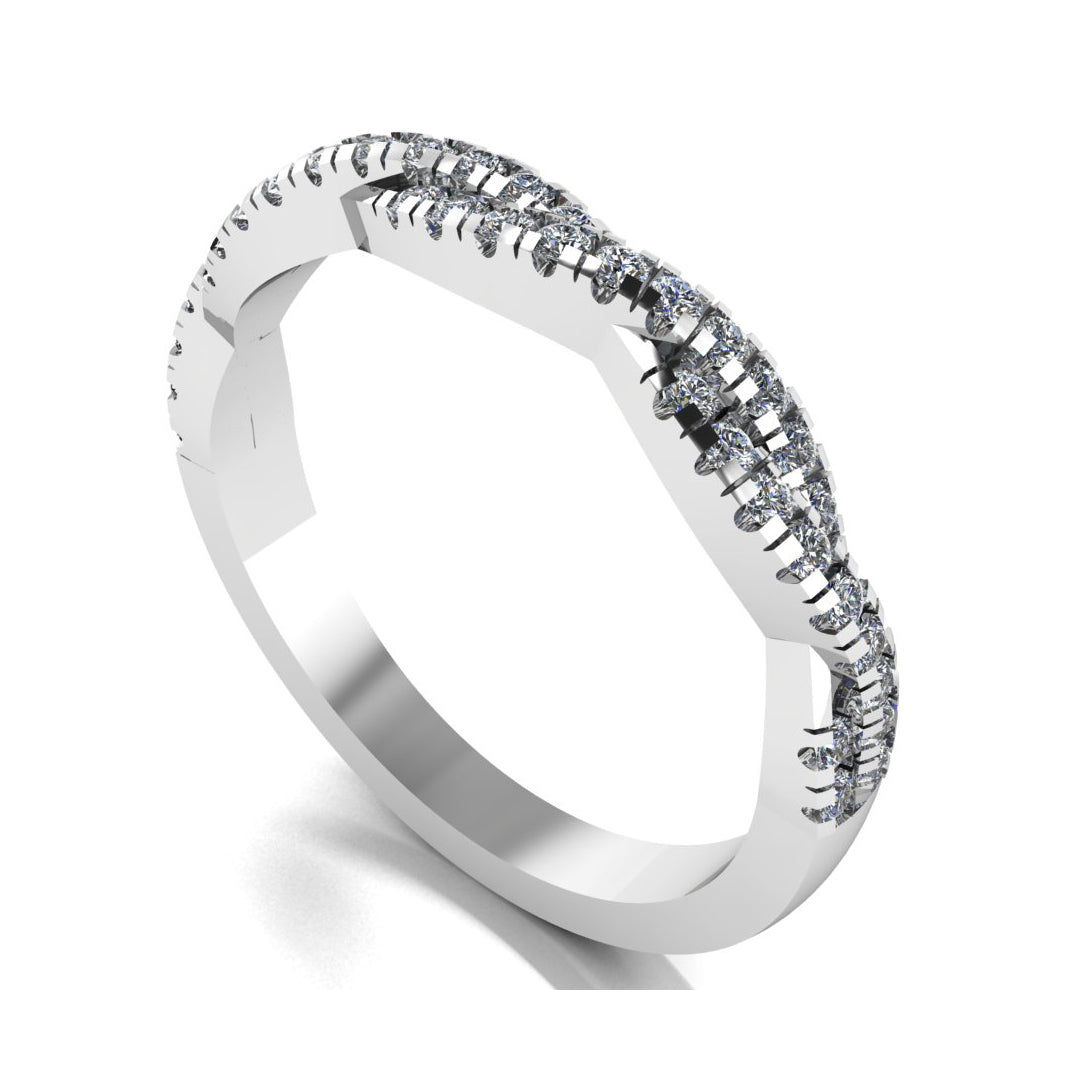 angled view of a twisted double platinum or white gold wedding band with round brilliant lab-grown diamonds