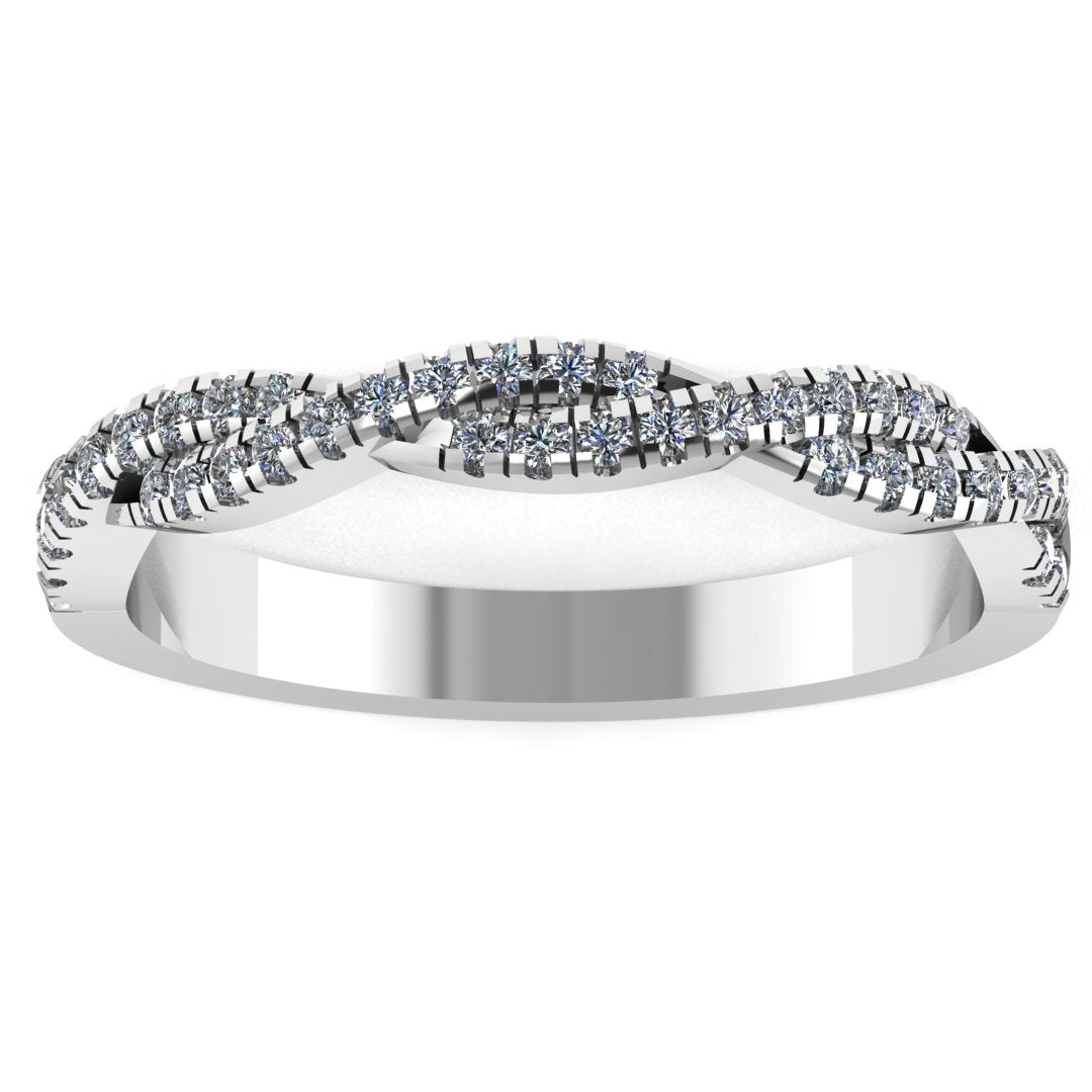 front view of a twisted double platinum or white gold wedding band with round brilliant lab-grown diamonds