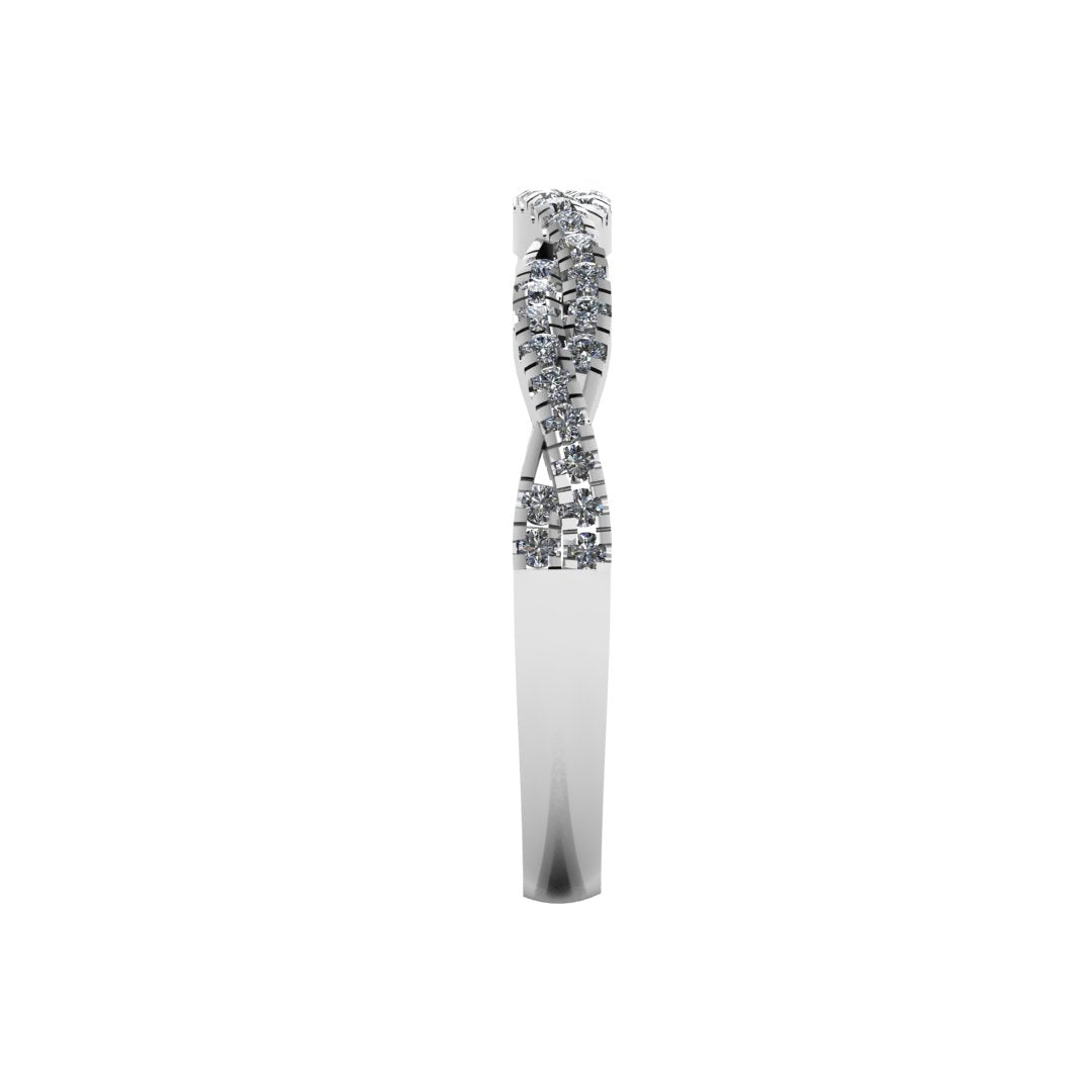 side view of a twisted double platinum or white gold wedding band with round brilliant lab-grown diamonds