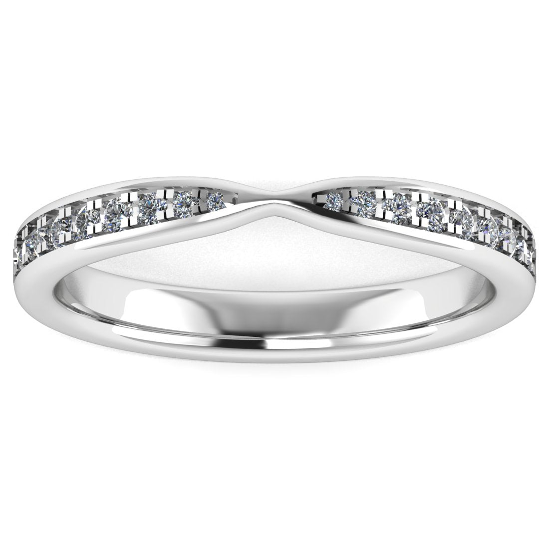 front view of platinum or white gold tapered wedding band. Round lab-grown diamonds appear in a graduated setting starting from the middle and gradually increasing in size towards the edges