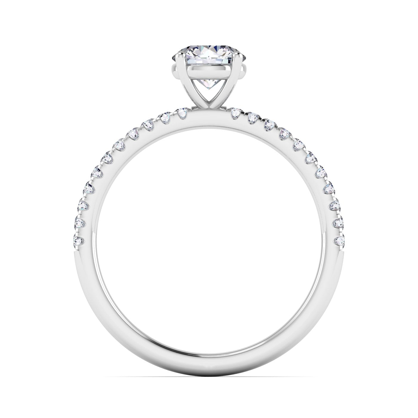 Angled view of Isabella engagement in white gold and platinum with a round brilliant diamond in a floating setting with pavé-set