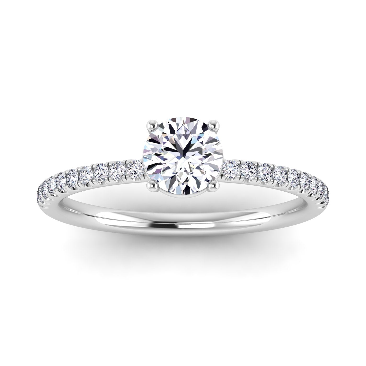 Front view of Isabella engagement in white gold and platinum with a round brilliant diamond in a floating setting with pavé-set