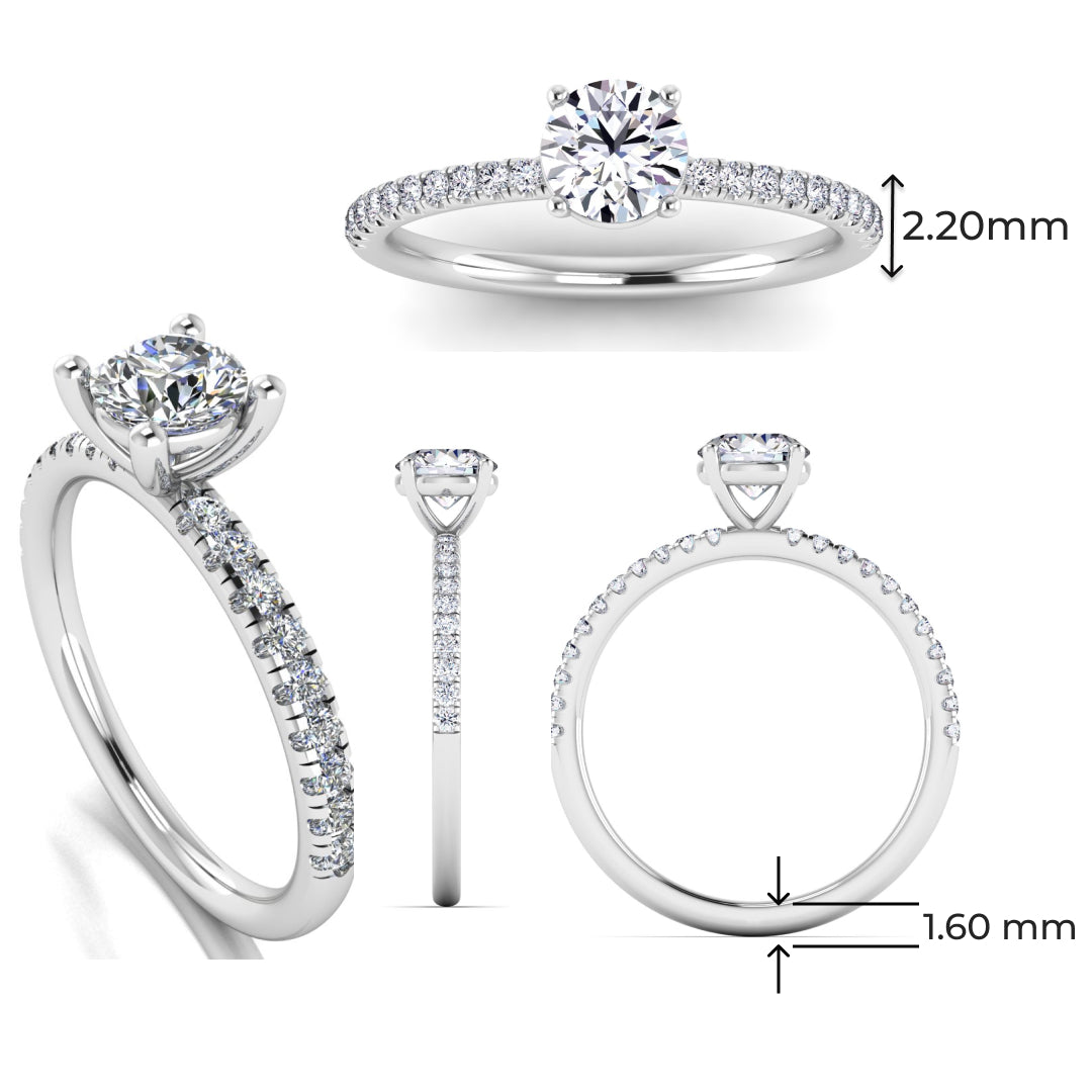 Multi view of Isabella engagement in white gold and platinum with a round brilliant diamond in a floating setting with pavé-set