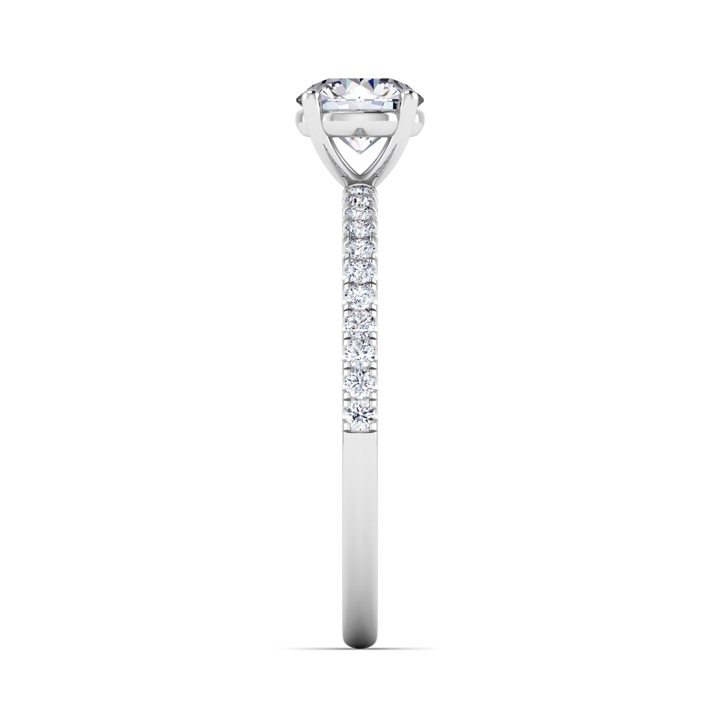 Side view of Isabella engagement in white gold and platinum with a round brilliant diamond in a floating setting with pavé-set