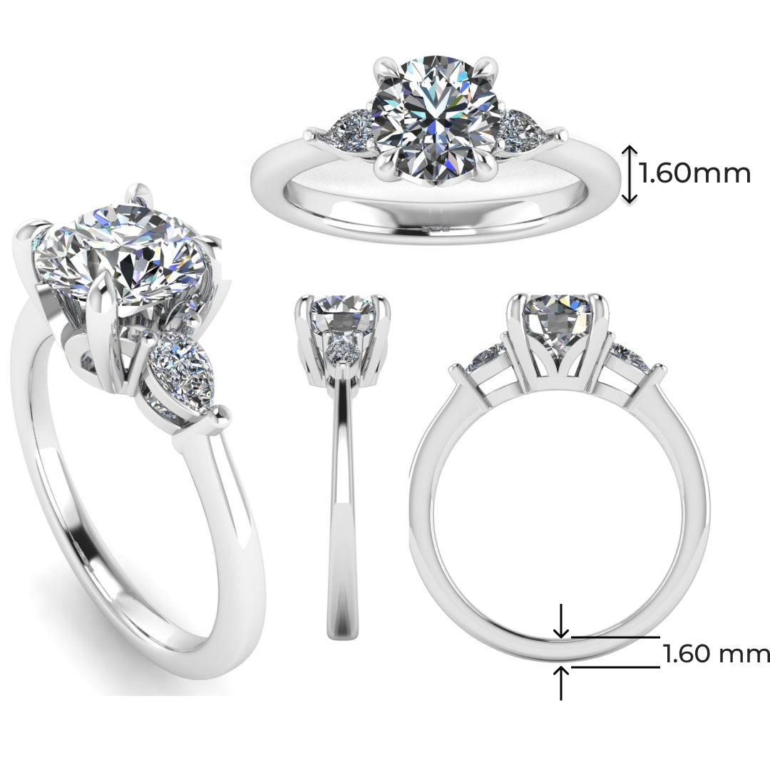 Multi view of a white gold and platinum trilogy engagement ring using round and pear shaped lab grown diamonds