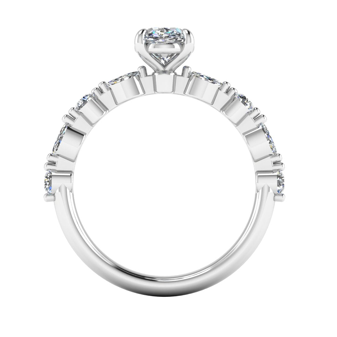 flat view of platinum or white gold of Lily engagement ring with an oval cut centre stone surrounded by alternating smaller round and marquise stones on the shoulder