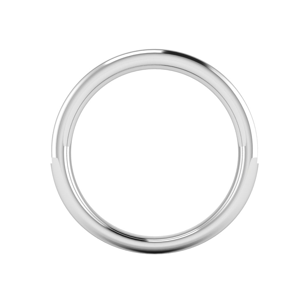 flat view of a platinum or white gold eternity ring or wedding band with round brilliant lab grown diamonds in a channel setting