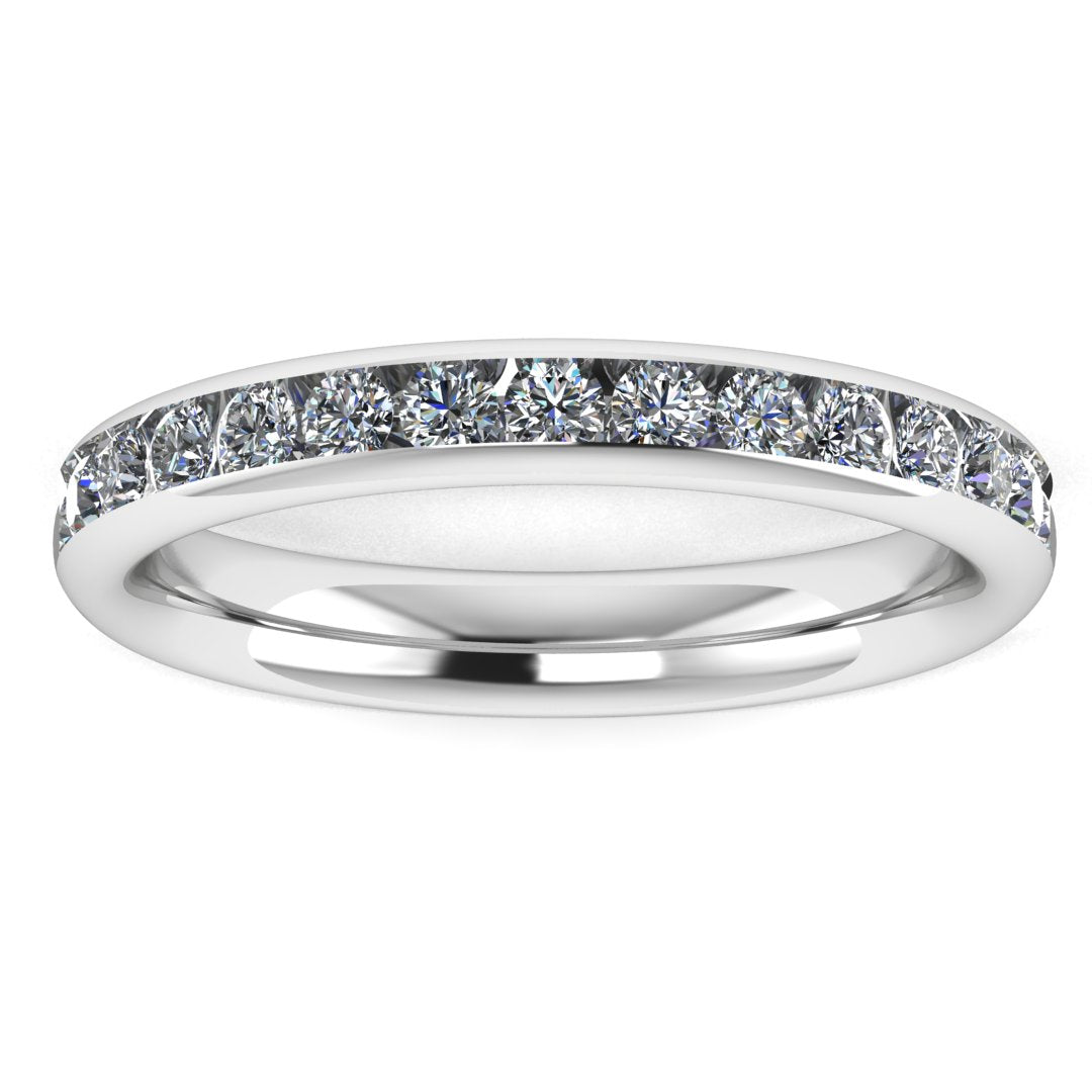 front view of a platinum or white gold eternity ring or wedding band with round brilliant lab grown diamonds in a channel setting