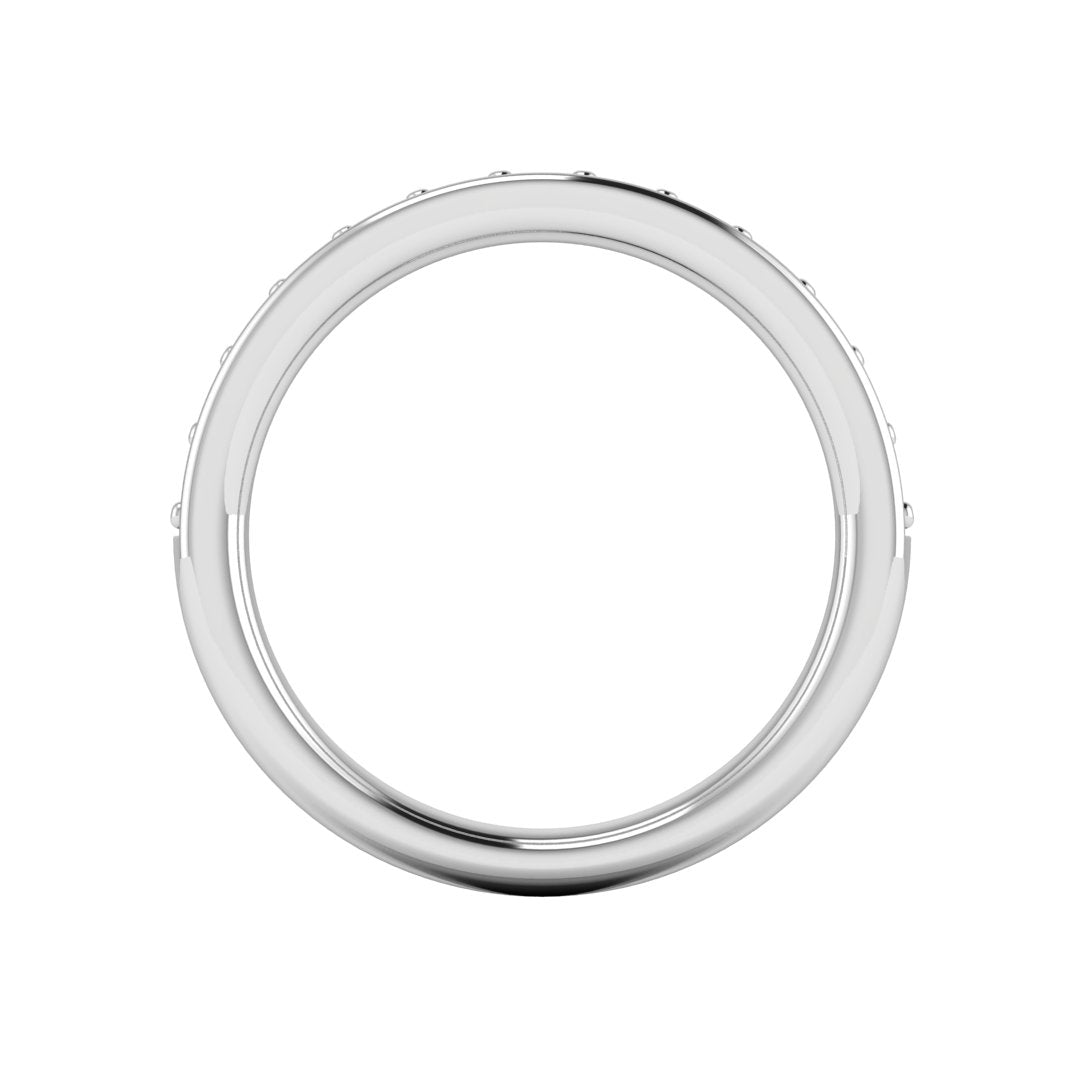flat view of a platinum or white gold eternity ring or wedding band with round brilliant lab-grown diamonds set in a fine grain setting