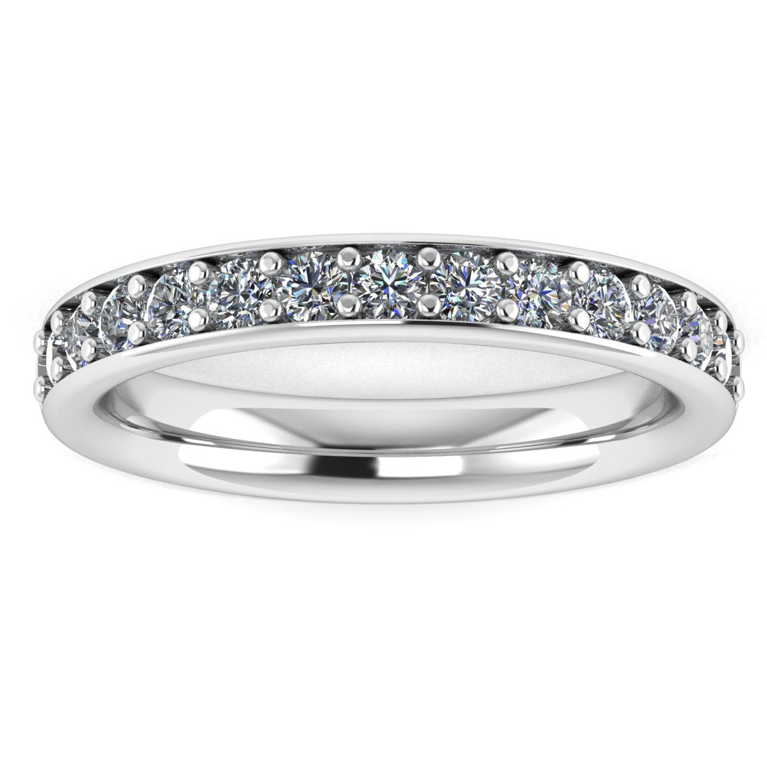 front view of a platinum or white gold eternity ring or wedding band with round brilliant lab-grown diamonds set in a fine grain setting