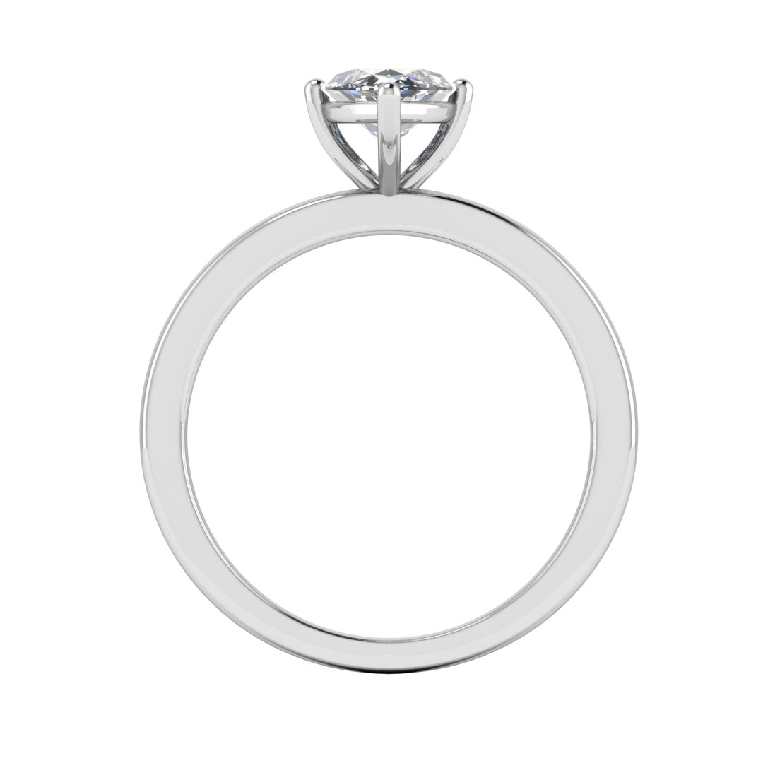 flat view of a platinum or white gold lab grown marquise diamond engagement ring. It is a single solitaire ring with a floating setting