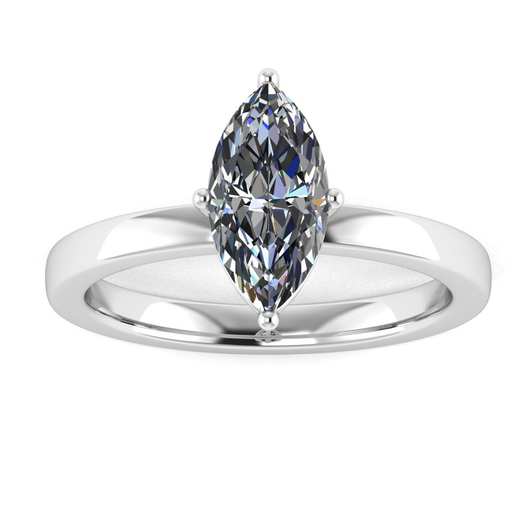 front view of a platinum or white gold lab grown marquise diamond engagement ring. It is a single solitaire ring with a floating setting