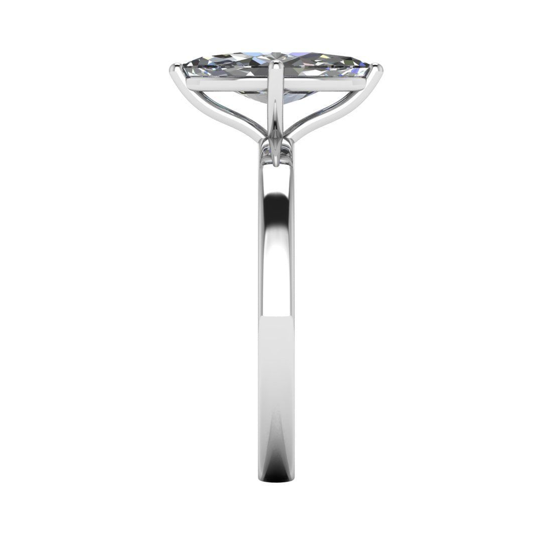 side view of a platinum or white gold lab grown marquise diamond engagement ring. It is a single solitaire ring with a floating setting