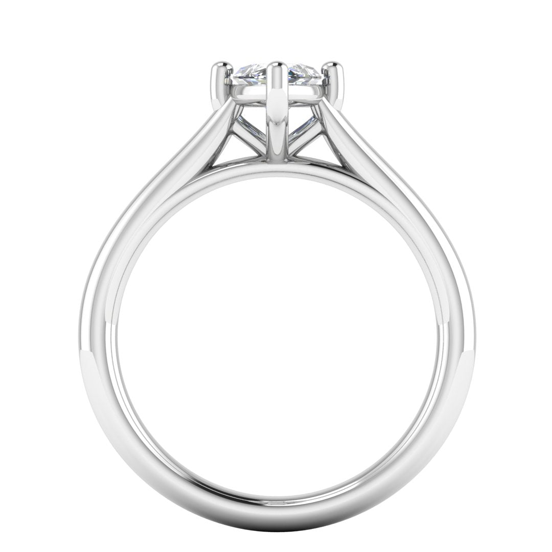 flat view of platinum or white gold single solitaire engagement ring with a marquise cut lab grown ethical and sustainable diamond in a cathedral setting