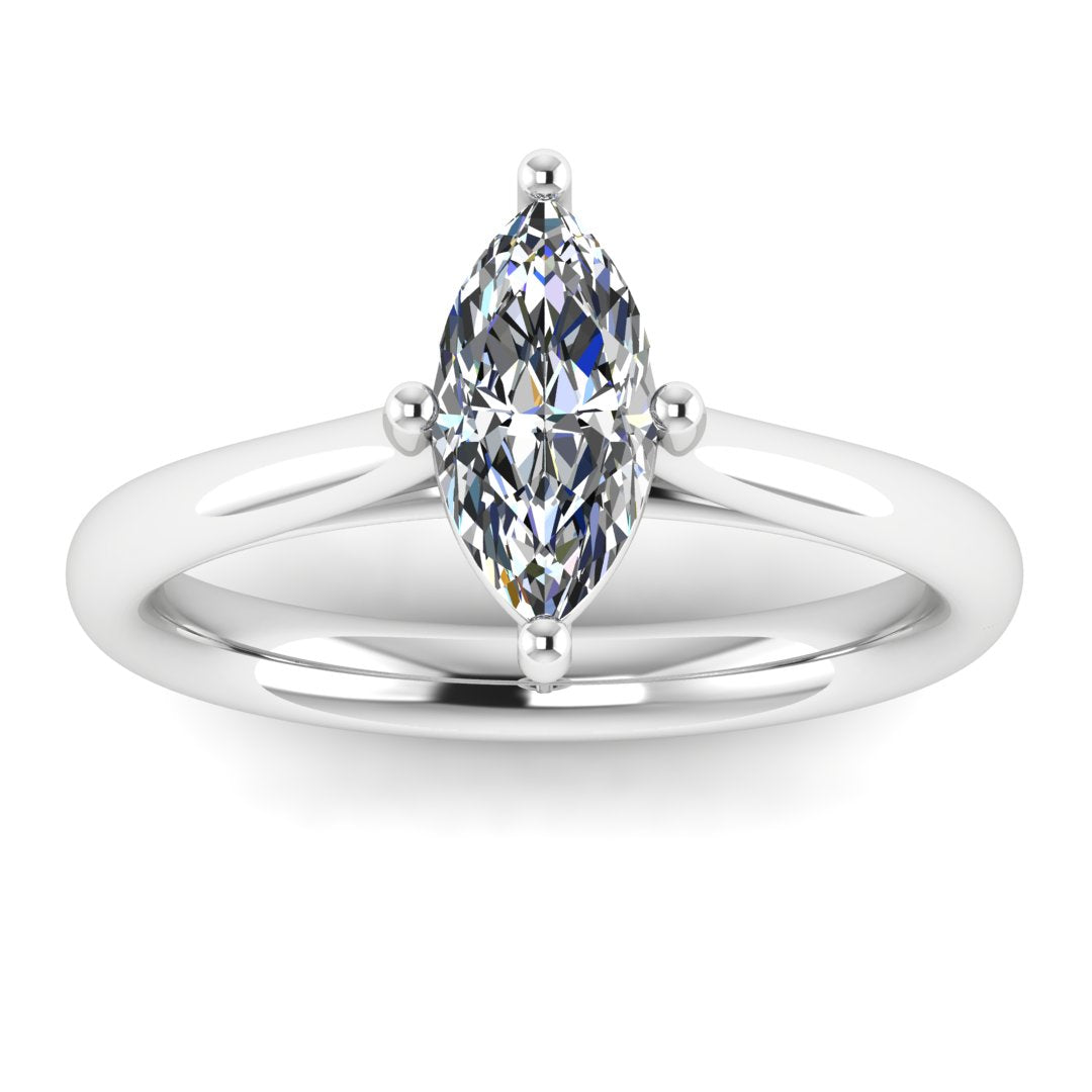 front view of platinum or white gold single solitaire engagement ring with a marquise cut lab grown ethical and sustainable diamond in a cathedral setting