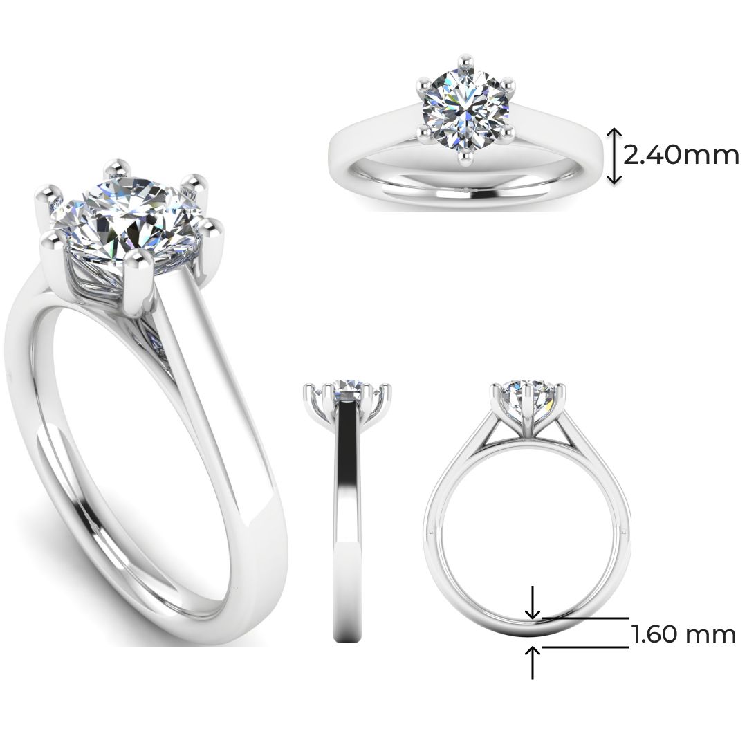 Multi view of Chelsea lab grown round brilliant engagement 6 claw ring in cathedral setting in white gold and platinum