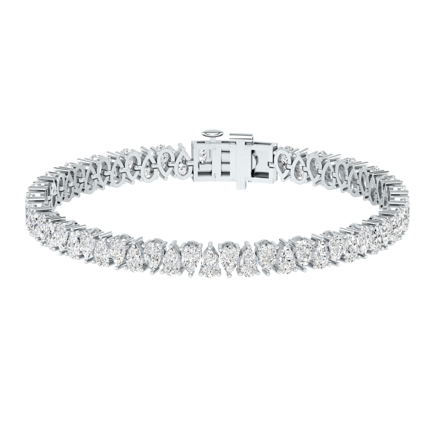 platinum or white gold tennis line bracelet with alternating pear cut shaped ethical & sustainable lab grown diamonds set using prongs